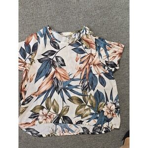 C&C California 100% Floral Linen Top, Short Sleeve, Women's 1x Beach Vacation